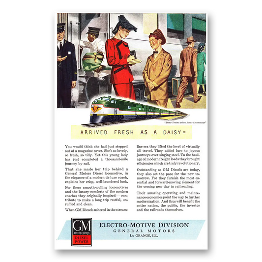 1946 GM Electro Motive Arrived Fresh as a Daisy Vintage Magazine Print Ad