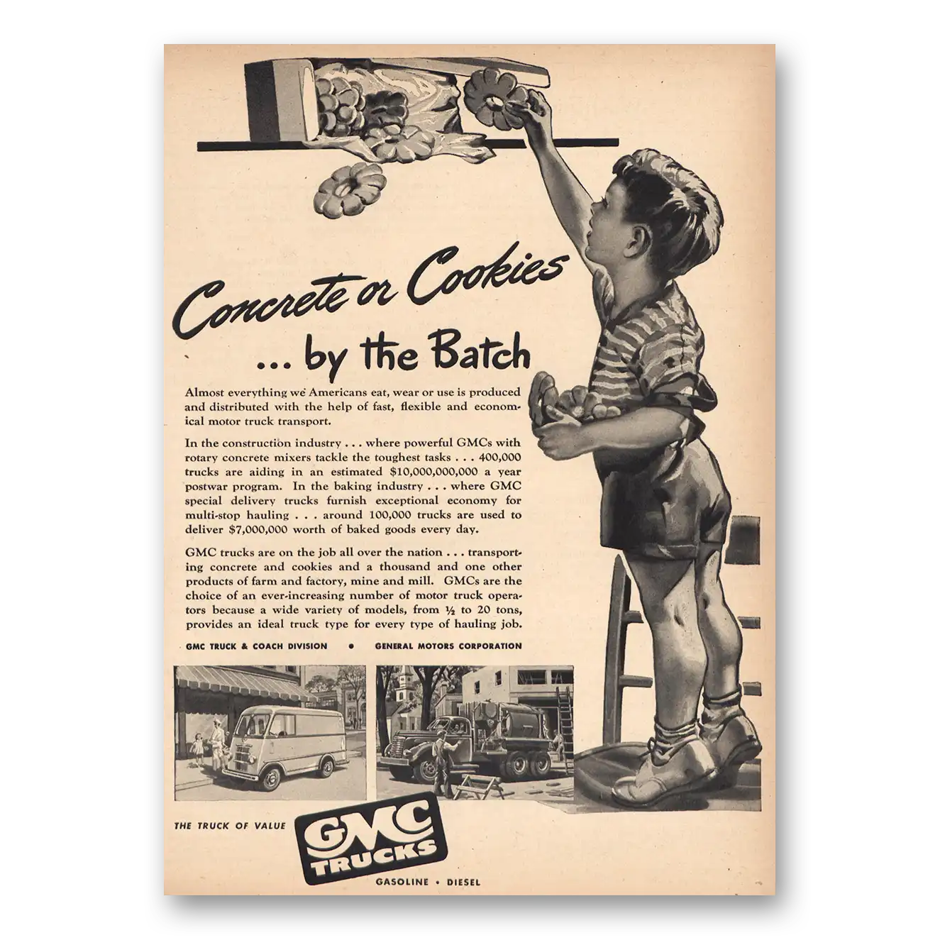 1946 GMC Trucks Concrete or Cookies Vintage Magazine Print Ad