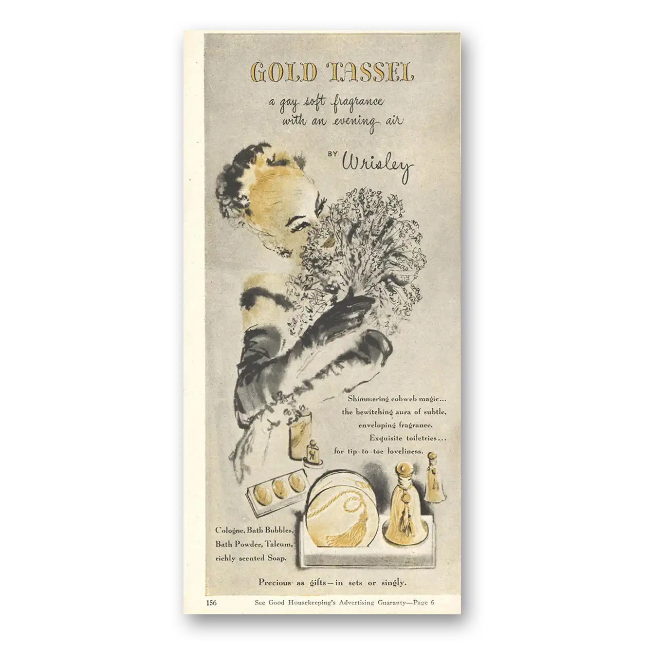 1946 Wrisley Gold Tassel Gay Soft Fragrance Vintage Magazine Print Ad