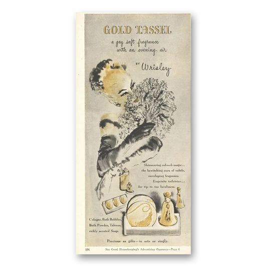 1946 Wrisley Gold Tassel Gay Soft Fragrance Vintage Magazine Print Ad