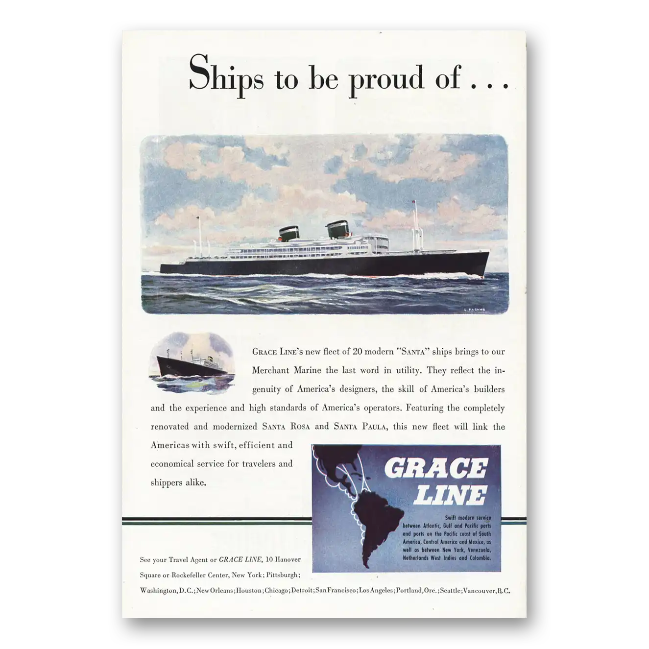 1946 Grace Line Ships to Be Proud Of Vintage Magazine Print Ad