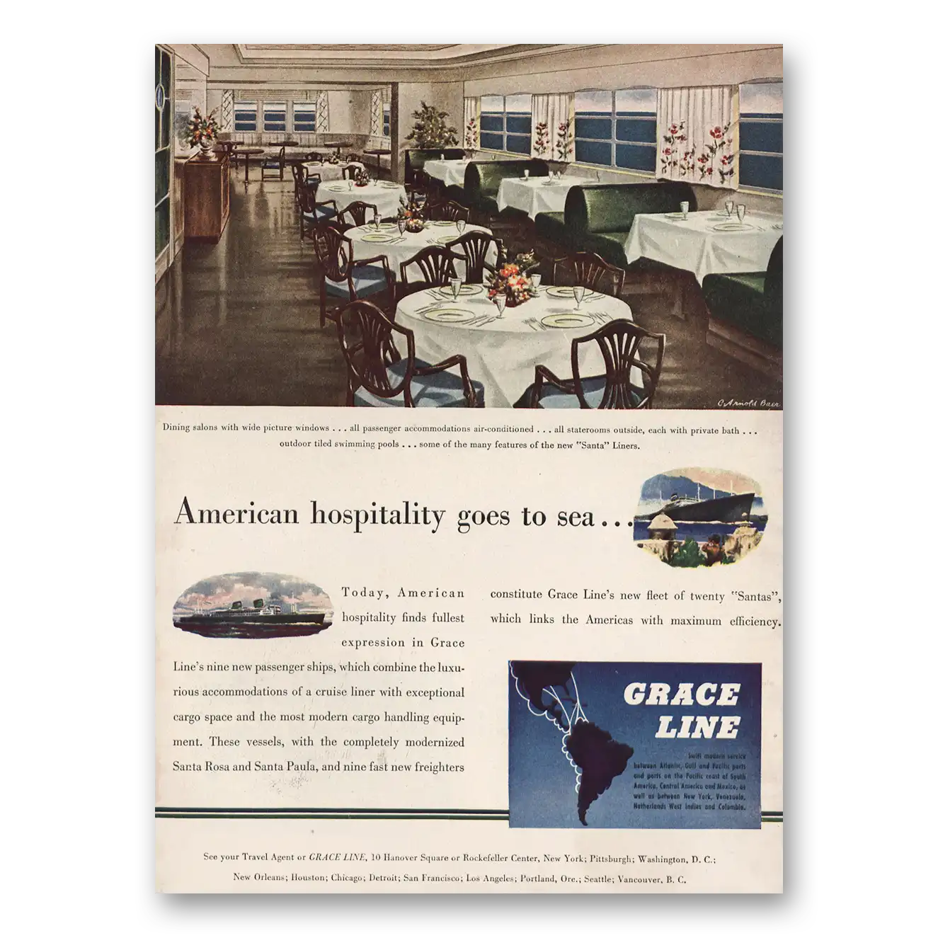 1946 Grace Line Dining Salon American Hospitality Vintage Magazine Print Ad