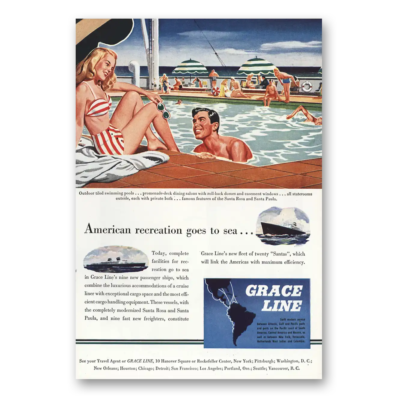 1946 Grace Line American Recreation Goes to Sea Vintage Magazine Print Ad