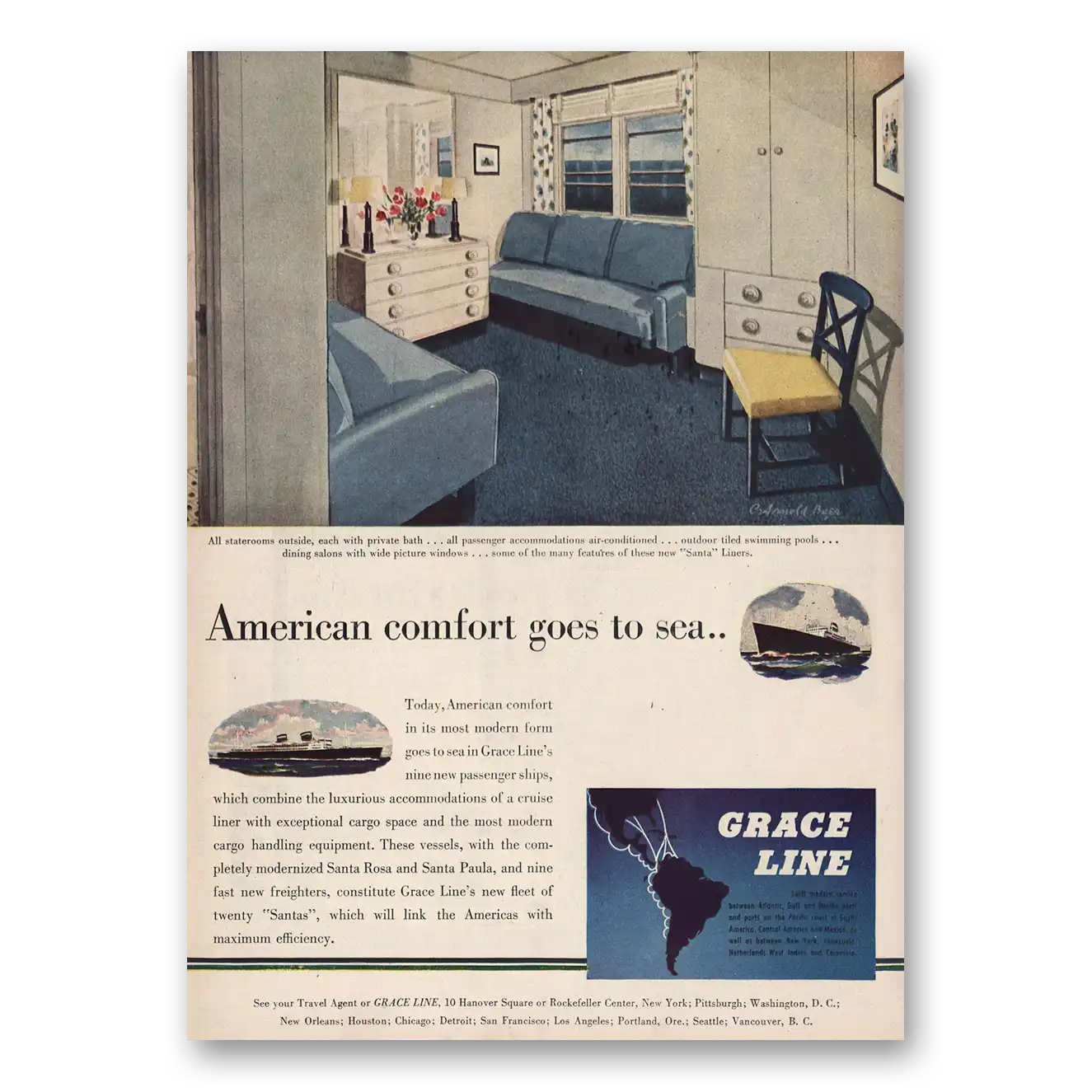 1946 Grace Line American Comfort Goes to Sea Vintage Magazine Print Ad