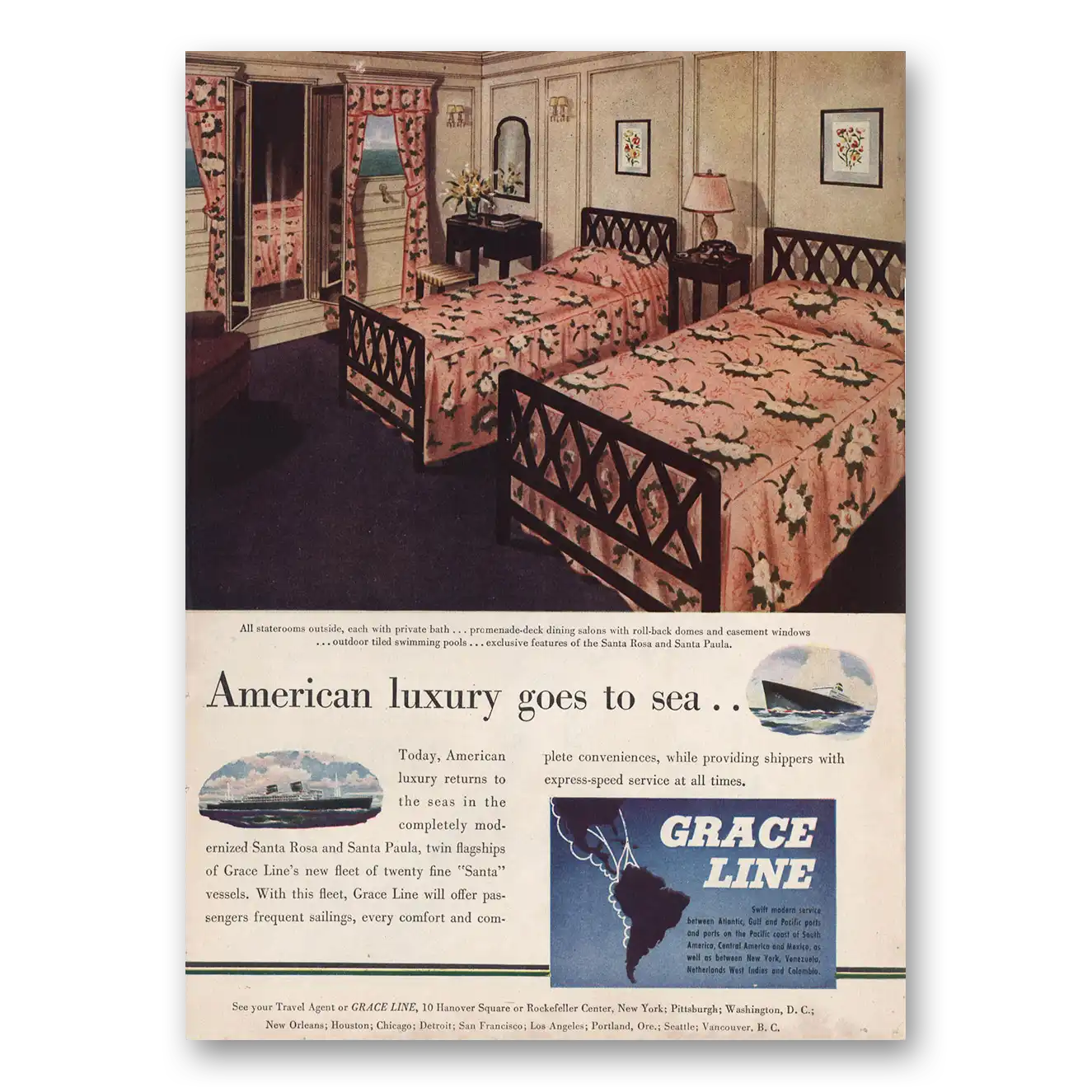 1946 Grace Line Staterooms Outside Vintage Magazine Print Ad