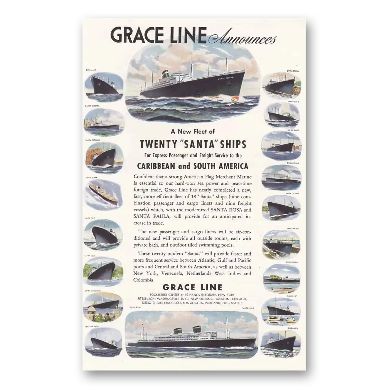 1946 Grace Line Twenty Santa Ships Vintage Magazine Print Ad