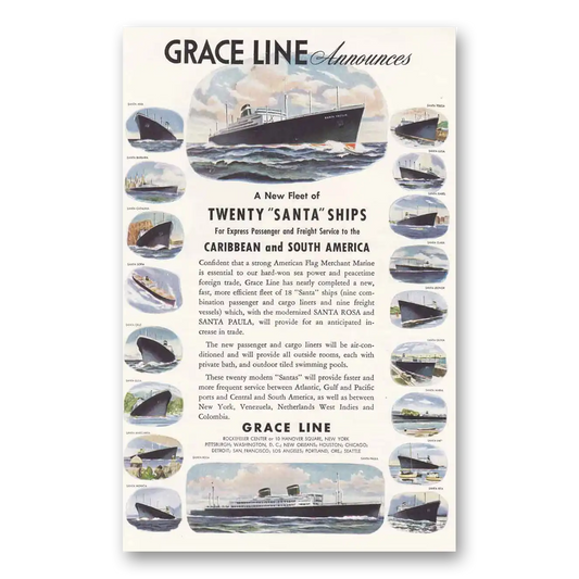 1946 Grace Line Twenty Santa Ships Vintage Magazine Print Ad