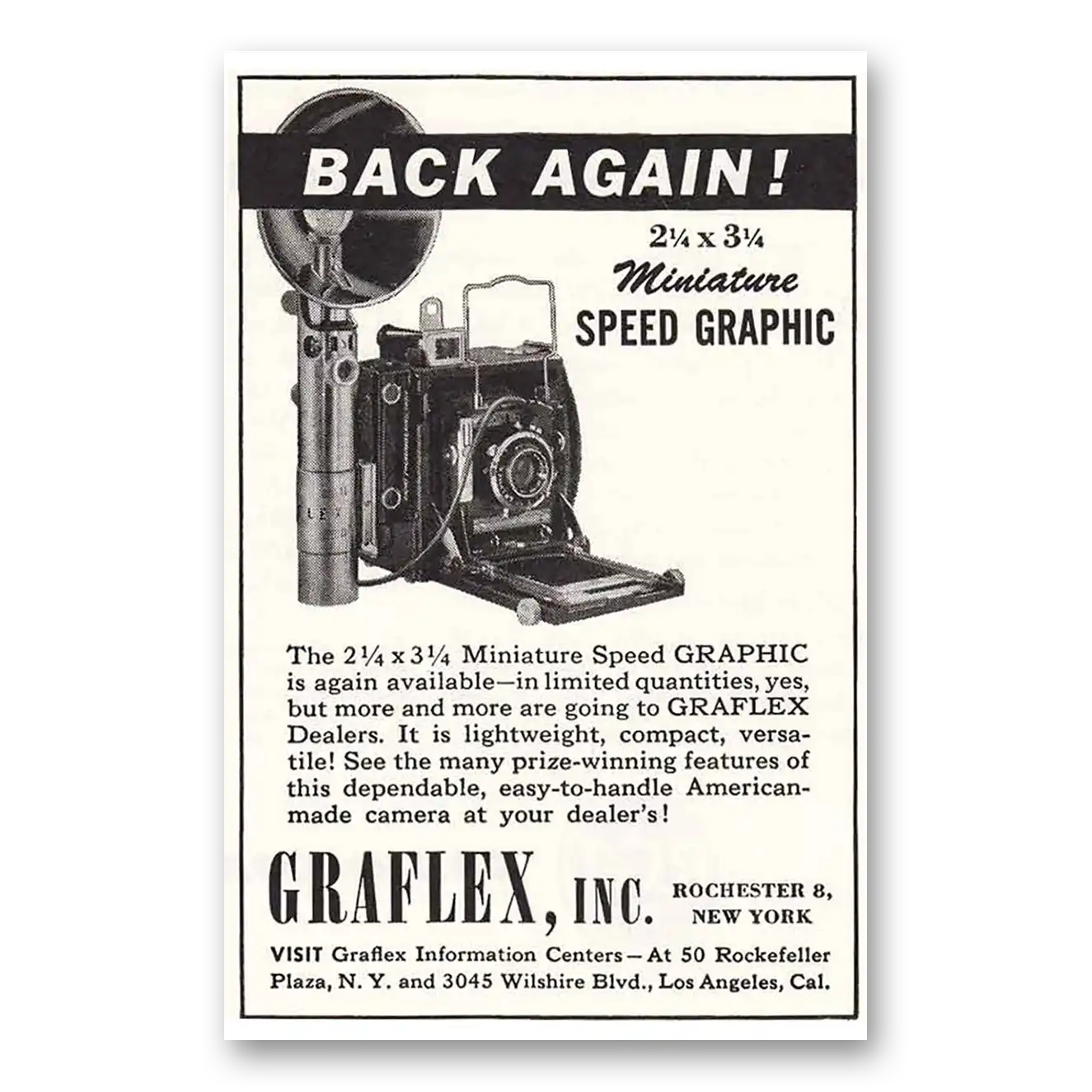 1946 Graflex Cameras Miniature Speed Graphic Back Again Vintage Magazine Print Ad