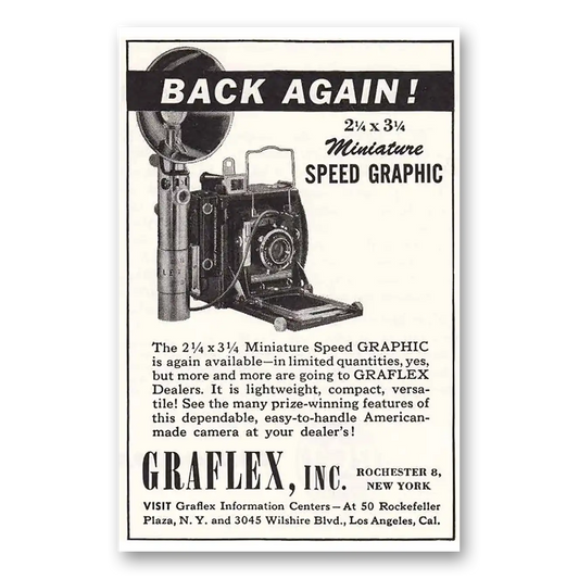 1946 Graflex Cameras Miniature Speed Graphic Back Again Vintage Magazine Print Ad