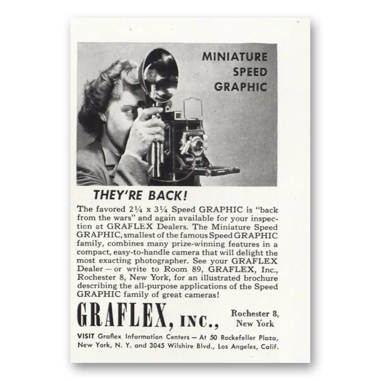 1946 Graflex Cameras Miniature Speed Graphic They're Back Vintage Magazine Print Ad