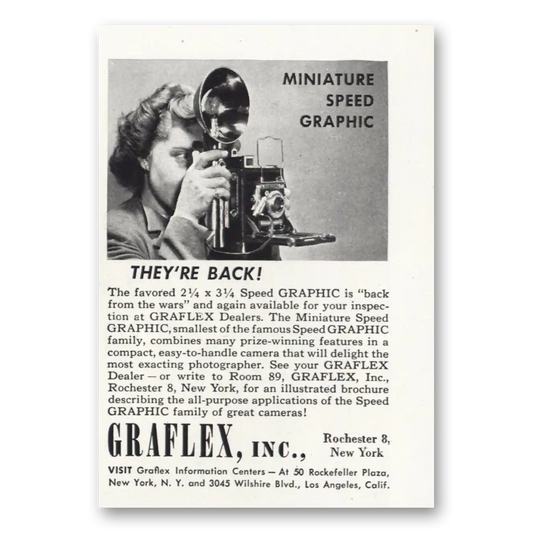 1946 Graflex Cameras Miniature Speed Graphic They're Back Vintage Magazine Print Ad