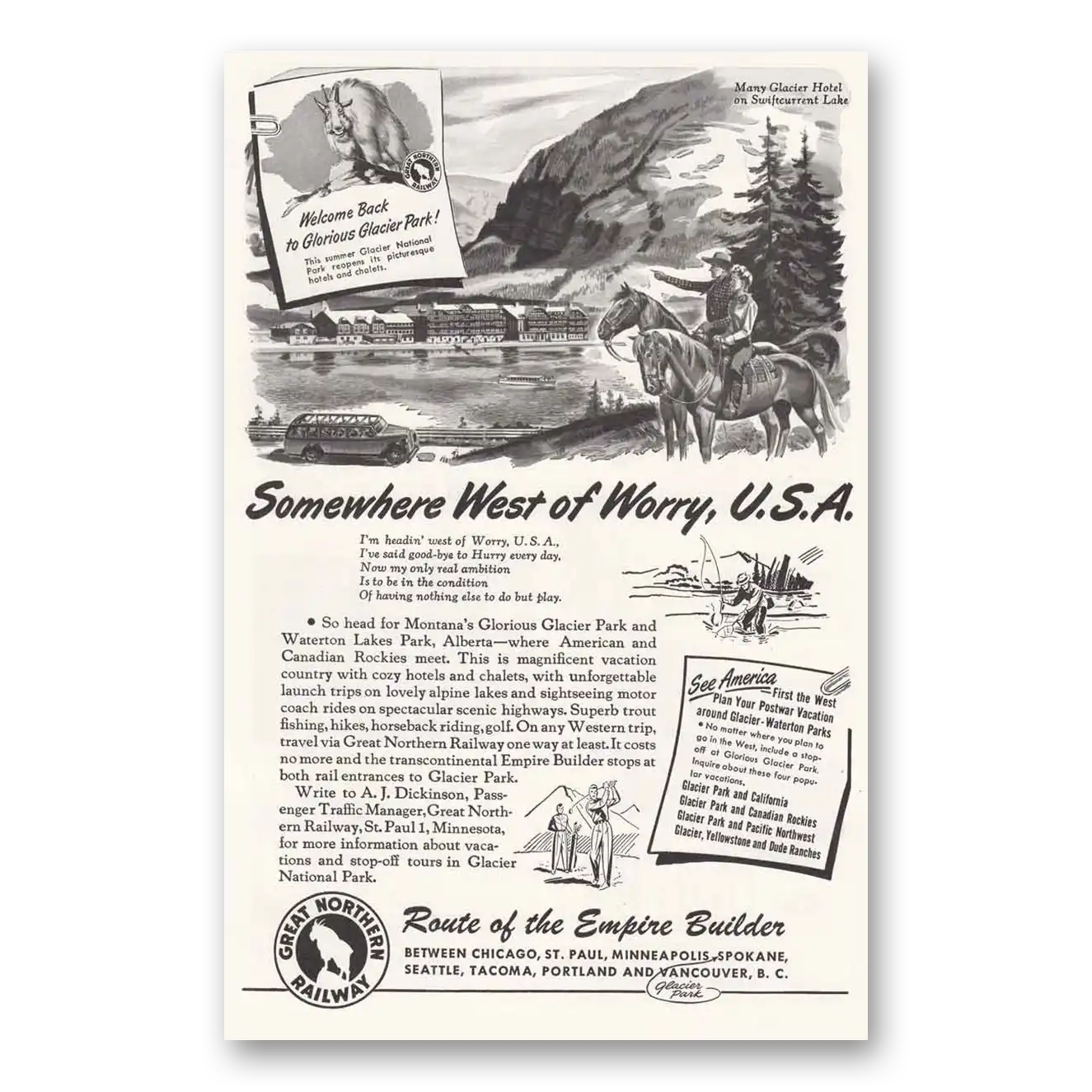 1946 Great Northern Railway Somewhere West of Worry USA Vintage Magazine Print Ad