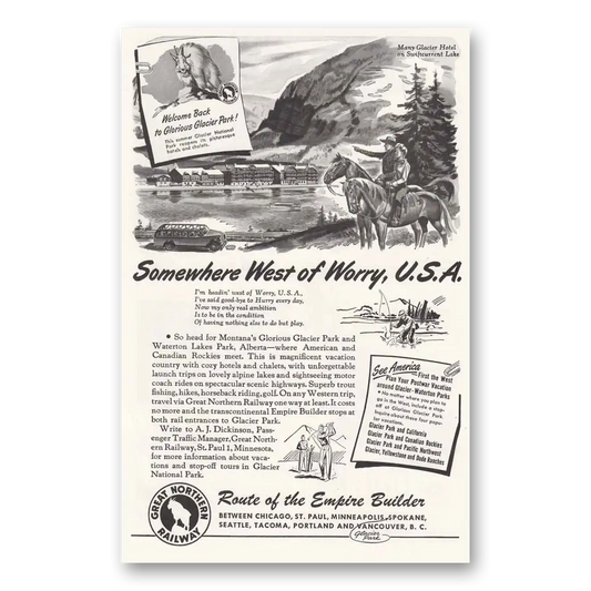 1946 Great Northern Railway Somewhere West of Worry USA Vintage Magazine Print Ad