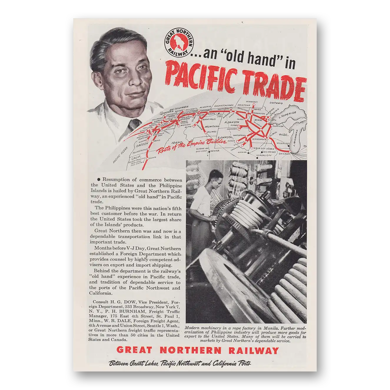 1946 Great Northern Railway An Old Hand In Pacific Trade Vintage Magazine Print Ad