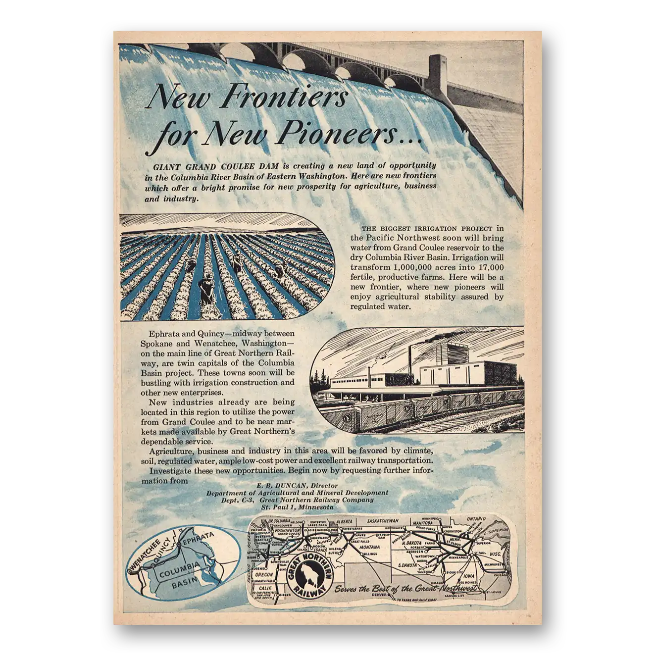 1946 Great Northern Railway Giant Grand Coulee Dam New Frontiers Vintage Magazine Print Ad