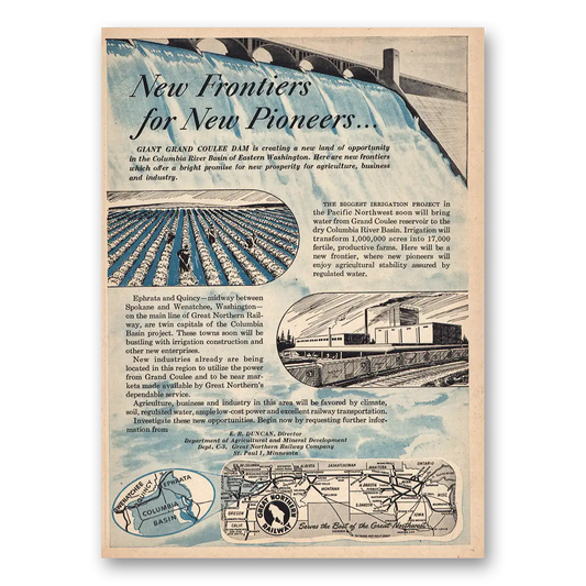 1946 Great Northern Railway Giant Grand Coulee Dam New Frontiers Vintage Magazine Print Ad