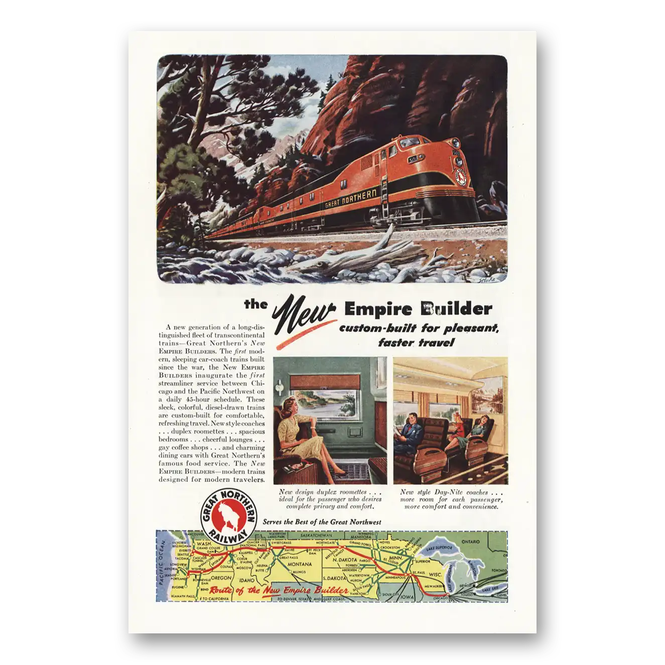 1946 Great Northern Railway Custom Built for Pleasant Faster Travel Vintage Magazine Print Ad