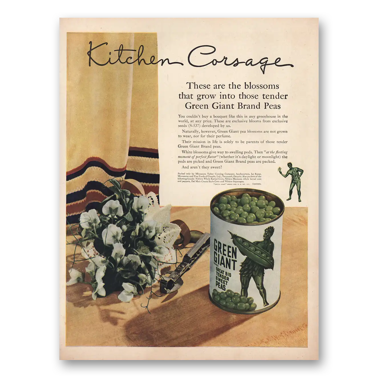 1946 Green Giant Peas Kitchen Corsage Vintage Magazine Print Ad