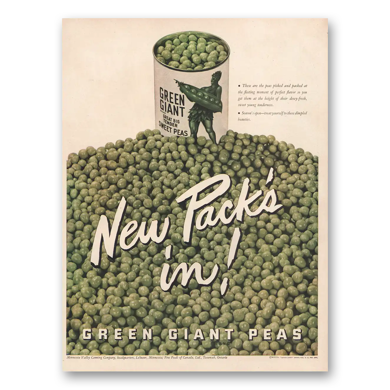 1946 Green Giant Peas New Packs In Vintage Magazine Print Ad