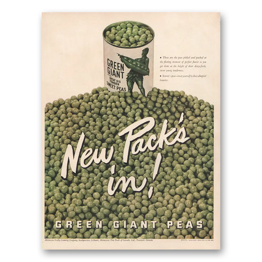 1946 Green Giant Peas New Packs In Vintage Magazine Print Ad