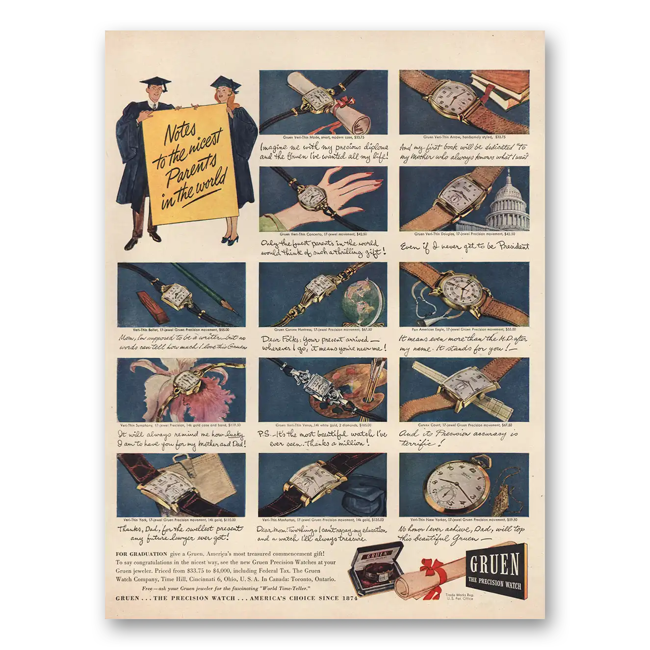 1946 Gruen Watch Notes to the Nicest Parents In the World Vintage Magazine Print Ad