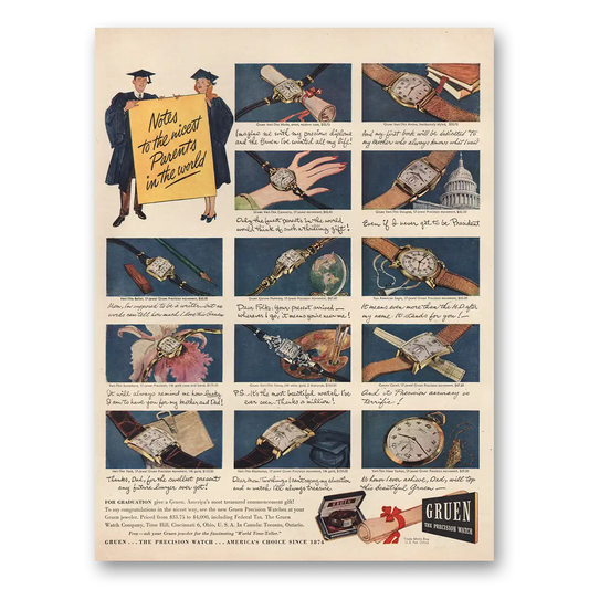 1946 Gruen Watch Notes to the Nicest Parents In the World Vintage Magazine Print Ad