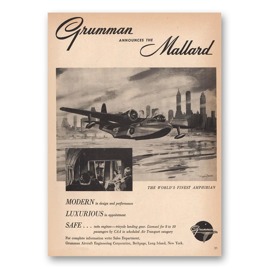 1946 Grumman Announcing the Mallard Vintage Magazine Print Ad