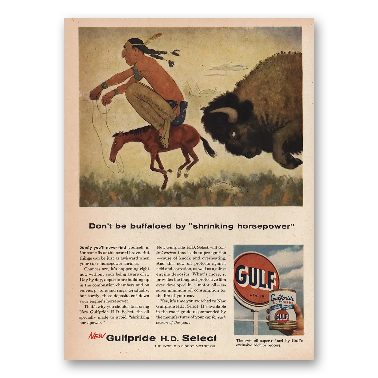 1956 Gulfpride Motor Oil Don’t Be Buffaloed Shrinking Horsepower Vintage Magazine Print Ad