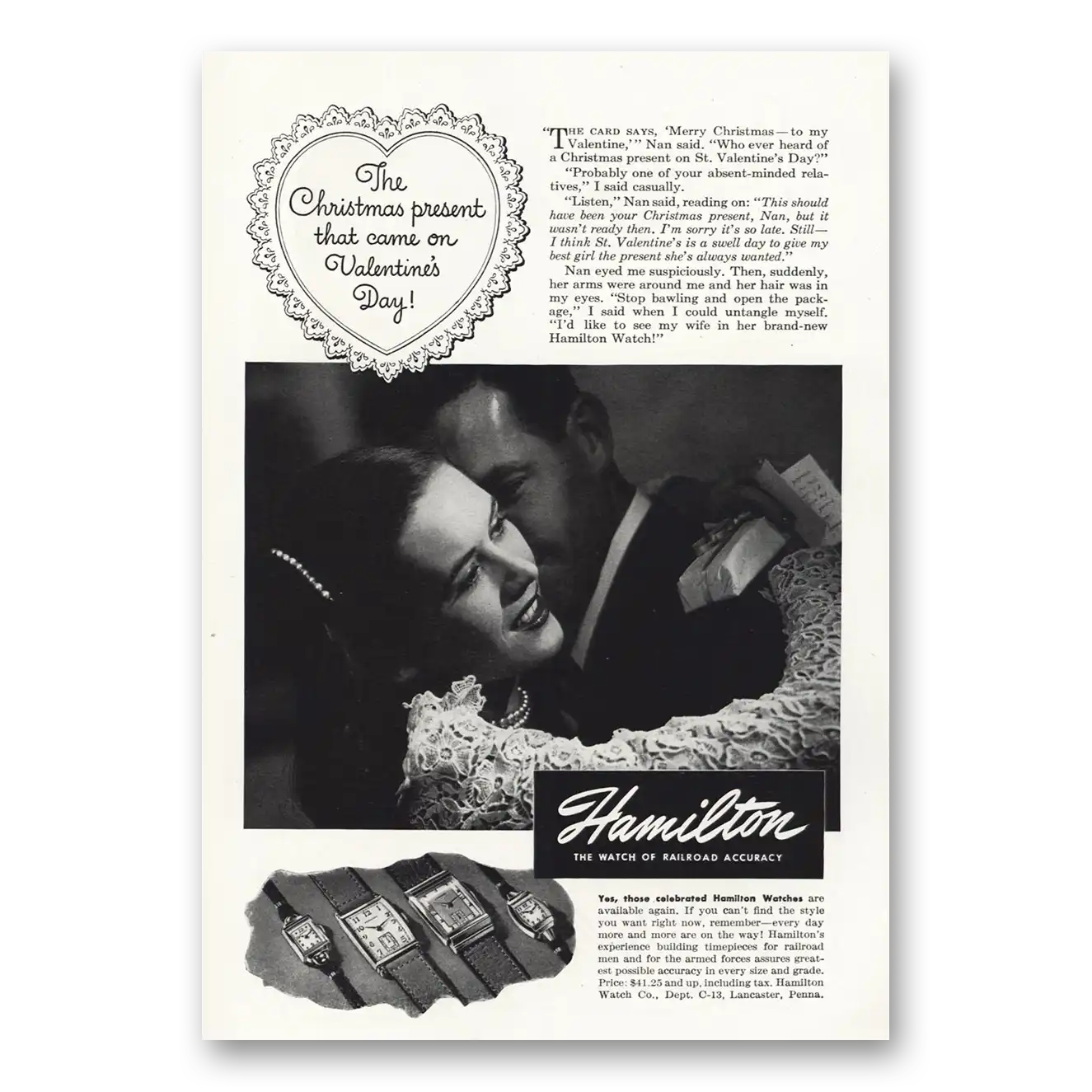 1946 Hamilton Watch Christmas Present that Came on Valentines Day Vintage Magazine Print Ad