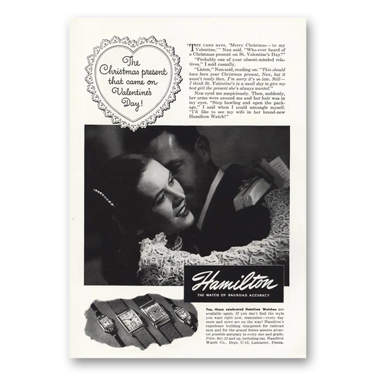 1946 Hamilton Watch Christmas Present that Came on Valentines Day Vintage Magazine Print Ad