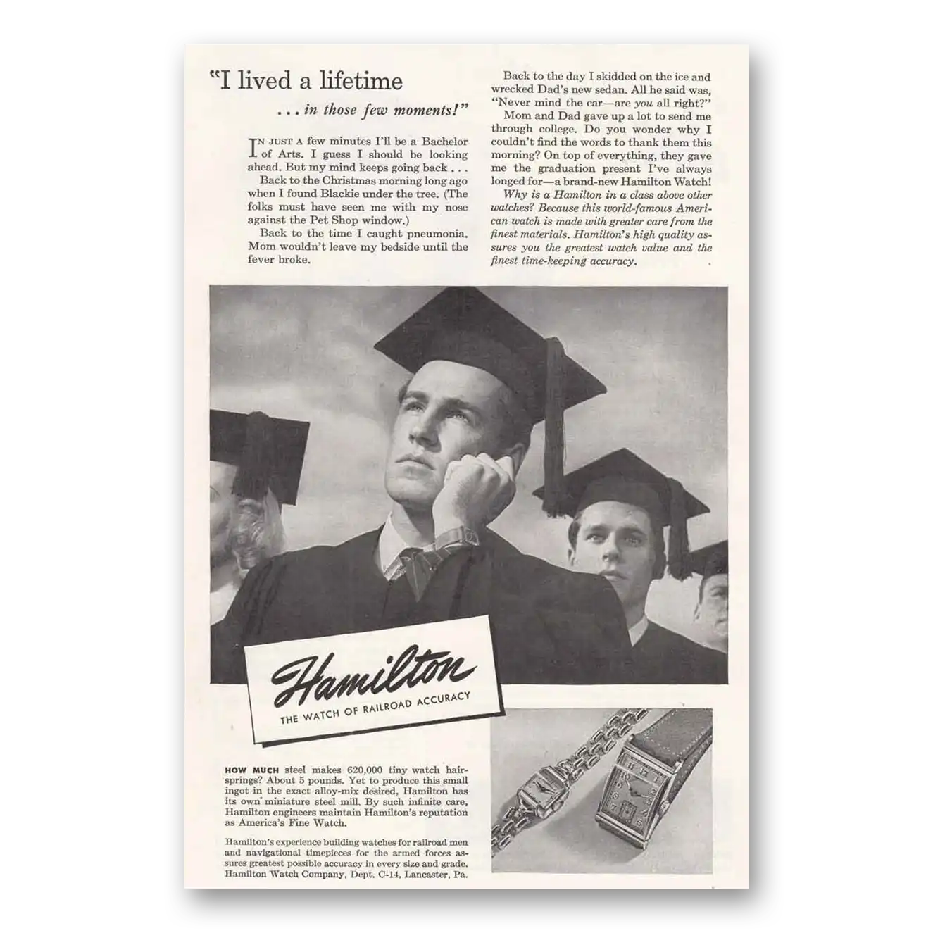 1946 Hamilton Watch I Lived a Lifetime Graduate Vintage Magazine Print Ad