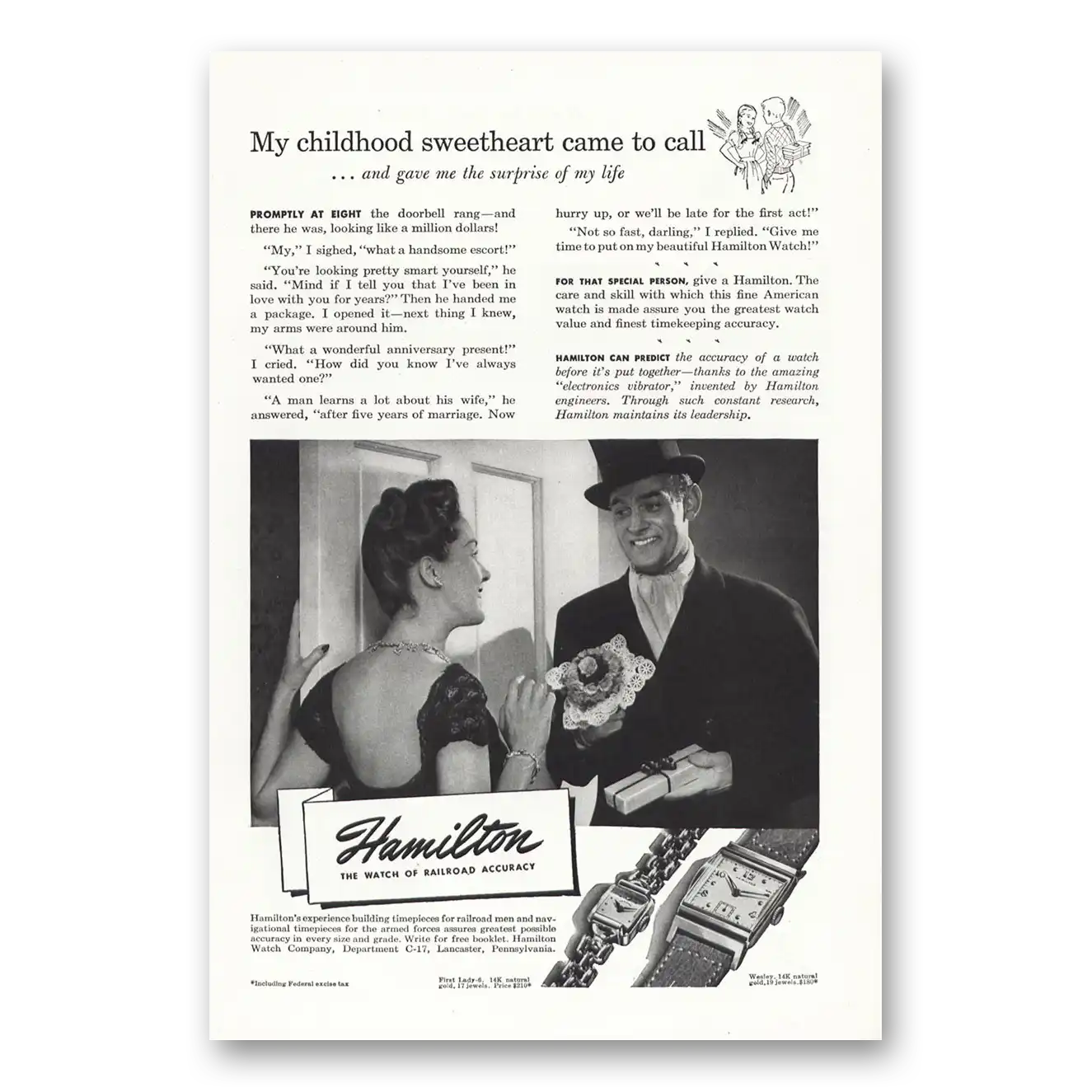 1946 Hamilton Watch My Childhood Sweetheart Came to Call Vintage Magazine Print Ad