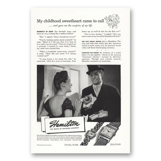 1946 Hamilton Watch My Childhood Sweetheart Came to Call Vintage Magazine Print Ad