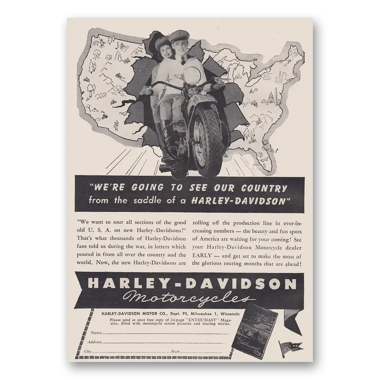 1946 Harley Davidson We're Going to See Our Country Vintage Magazine Print Ad