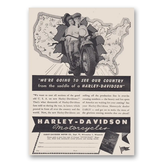 1946 Harley Davidson We're Going to See Our Country Vintage Magazine Print Ad