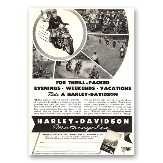 1946 Harley Davidson Thrill Packed Evenings Weekends Vacations Vintage Magazine Print Ad