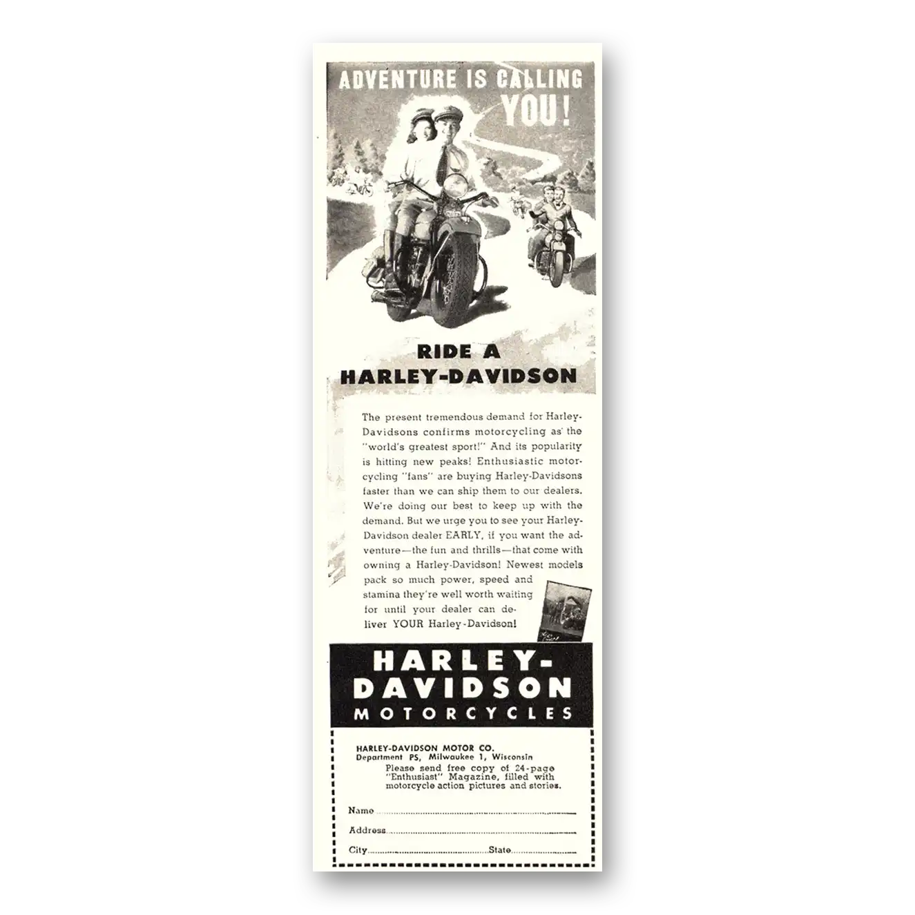 1946 Harley Davidson Adventure Is Calling You Vintage Magazine Print Ad