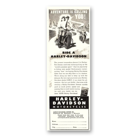 1946 Harley Davidson Adventure Is Calling You Vintage Magazine Print Ad