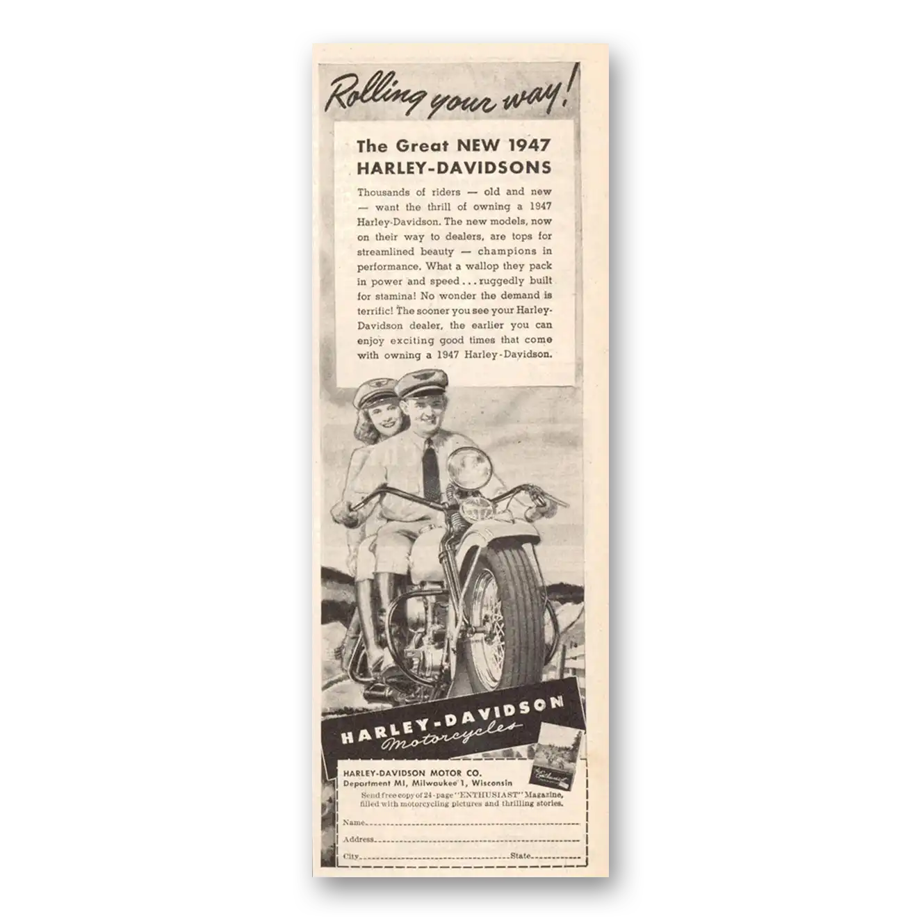 1946 Harley Davidson Rolling Your Way Vintage Magazine Print Ad