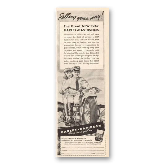 1946 Harley Davidson Rolling Your Way Vintage Magazine Print Ad