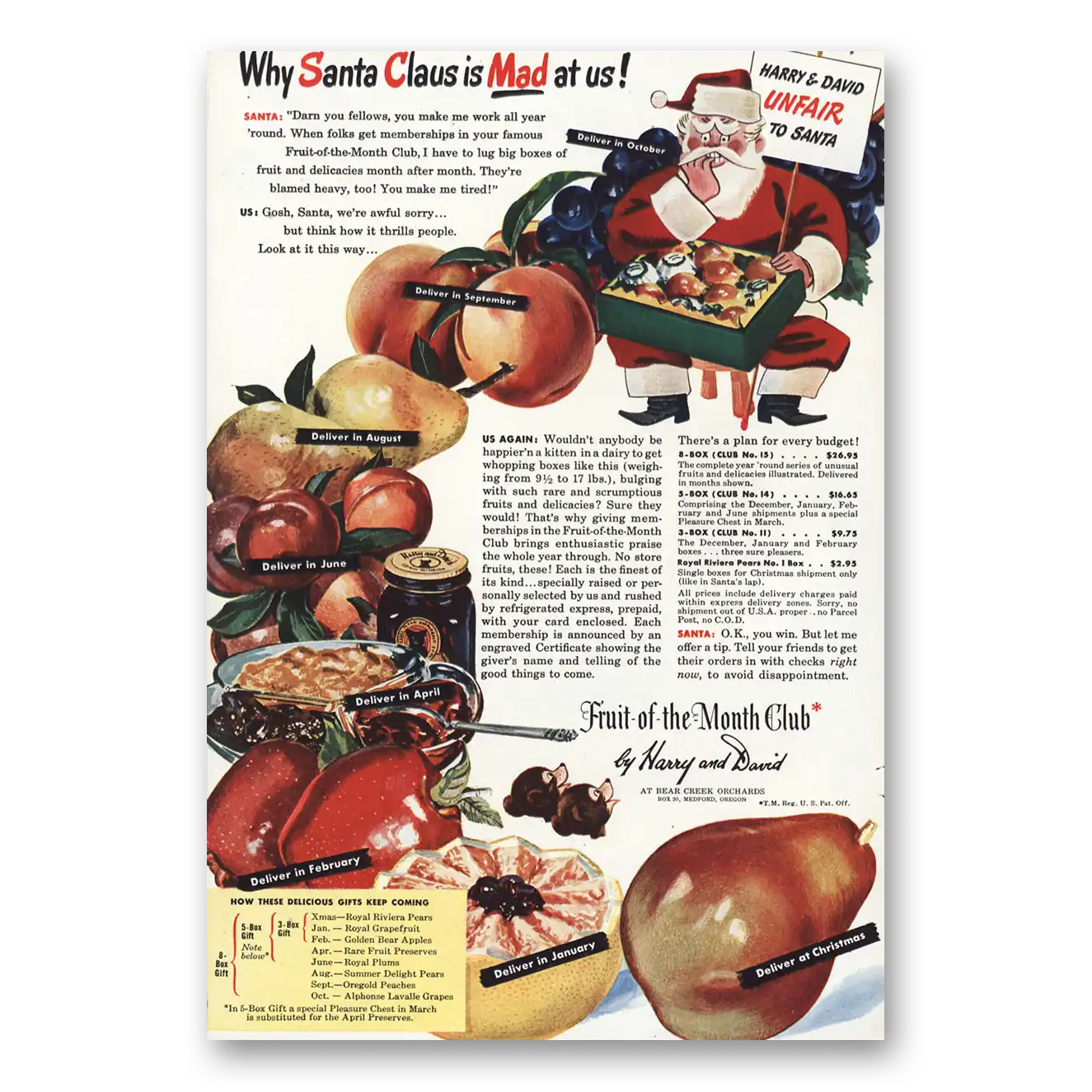 1946 Harry and David Santa Claus Is Mad At Us Vintage Magazine Print Ad