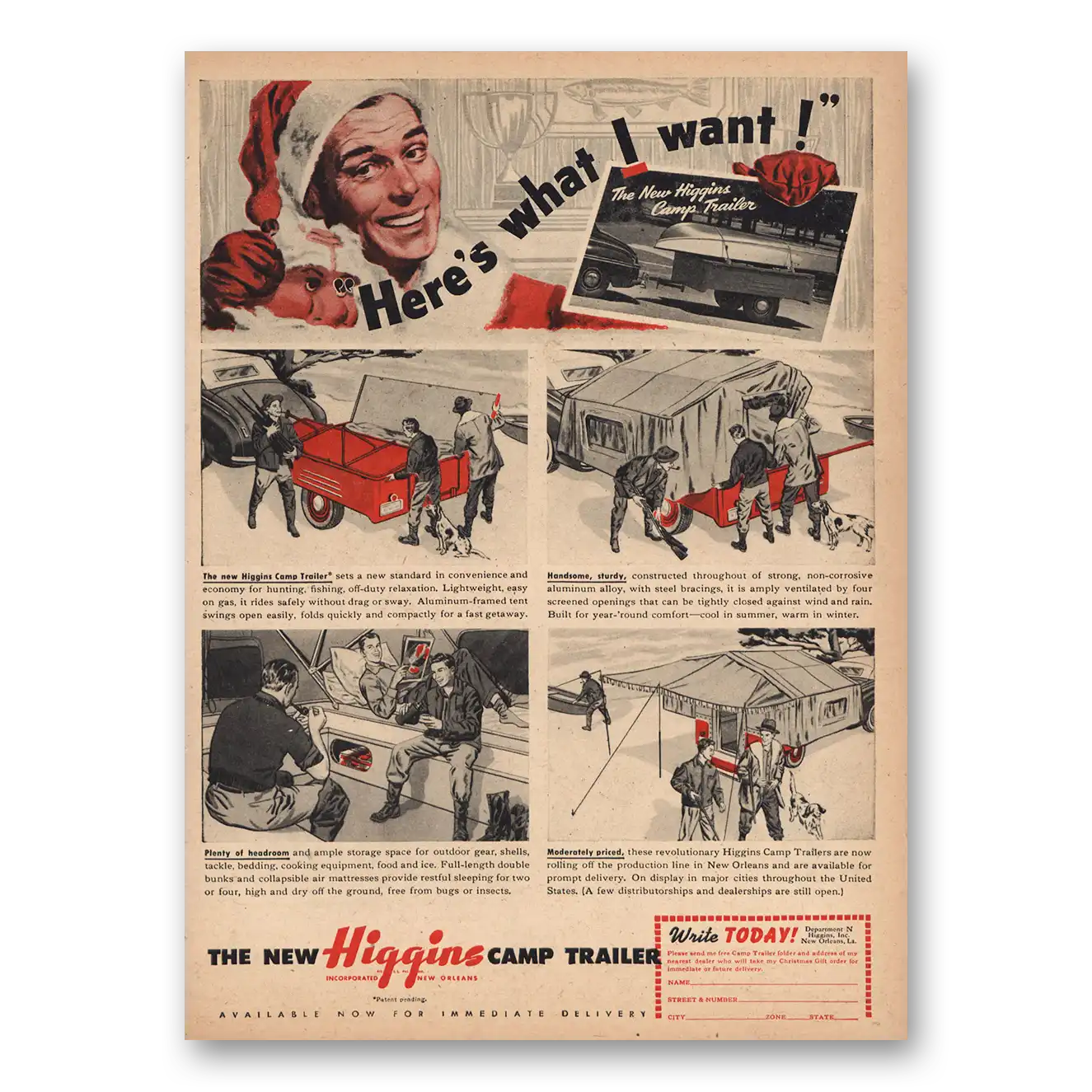 1946 Higgins Camp Trailer Christmas What I Want Vintage Magazine Print Ad