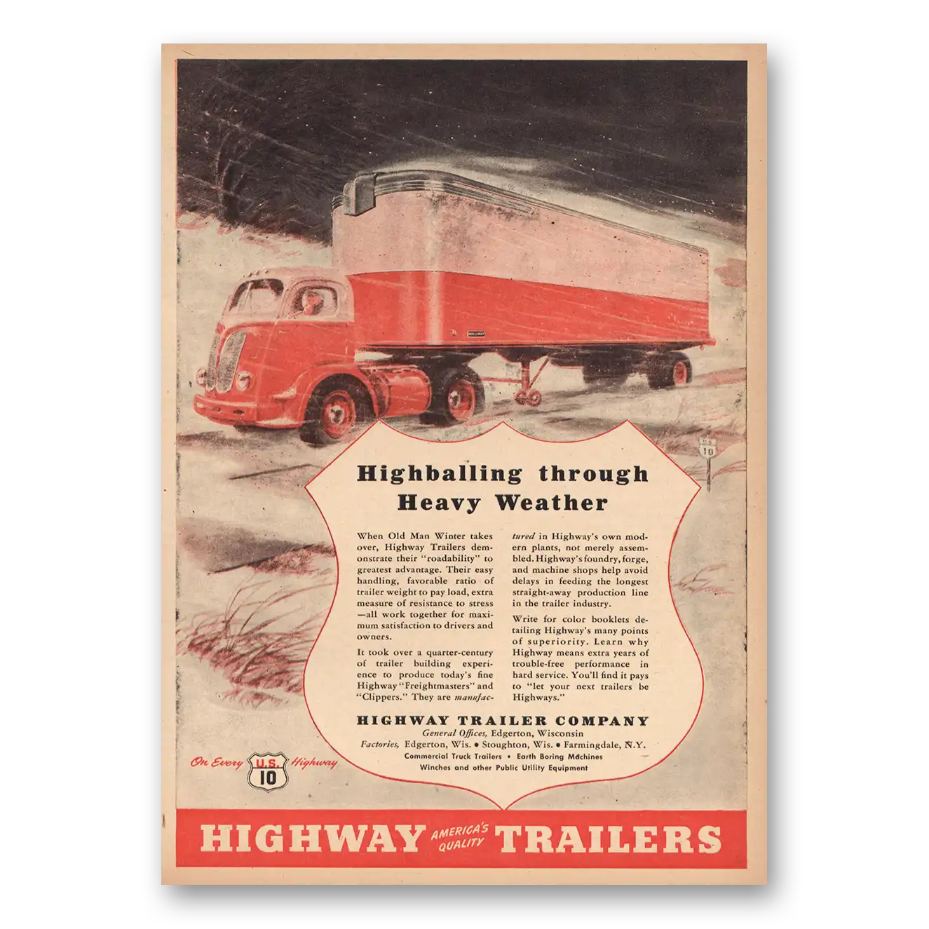 1946 Highway Trailers Highballing Heavy Winter Vintage Magazine Print Ad