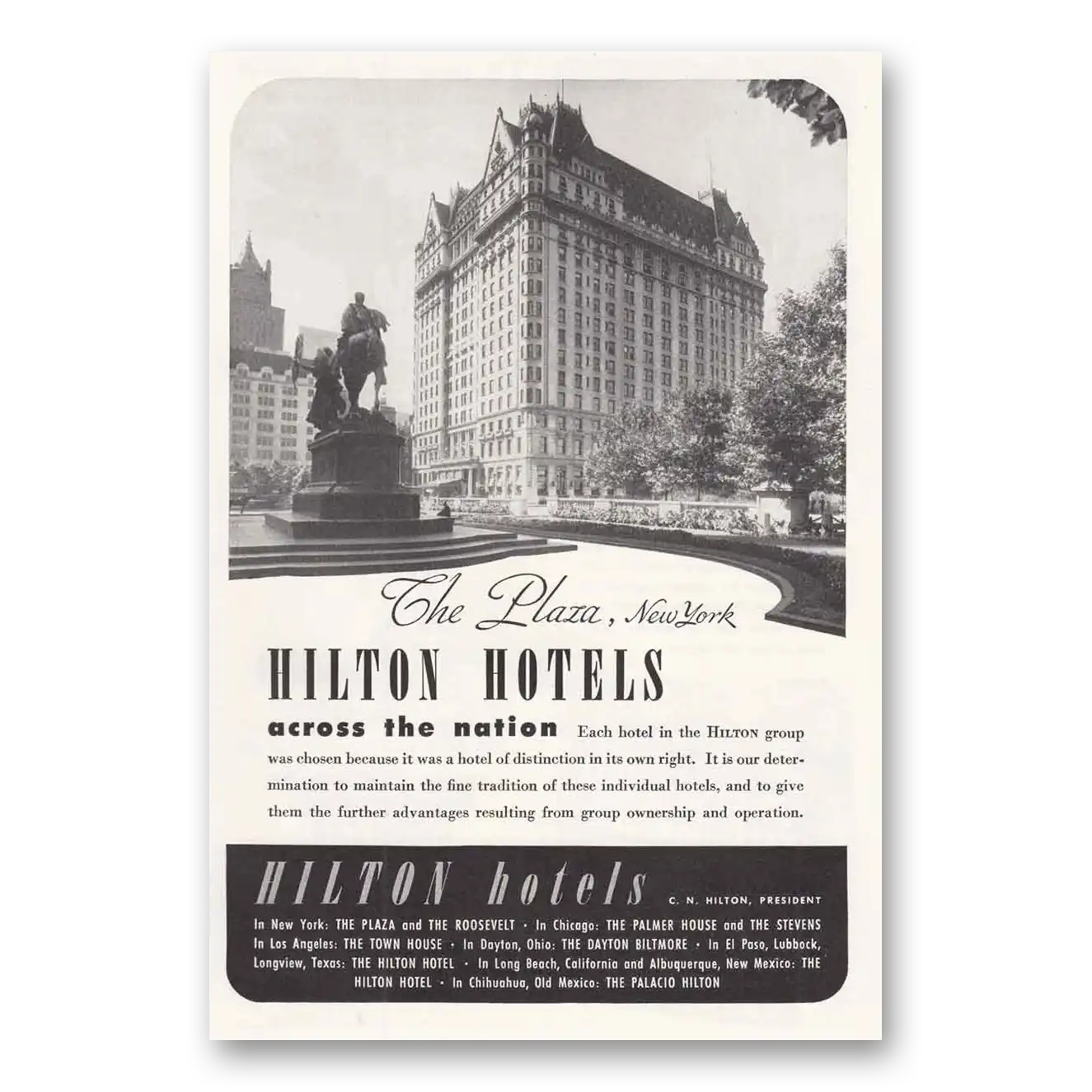 1946 Plaza Hotel Hilton Hotels Across the Nation Vintage Magazine Print Ad