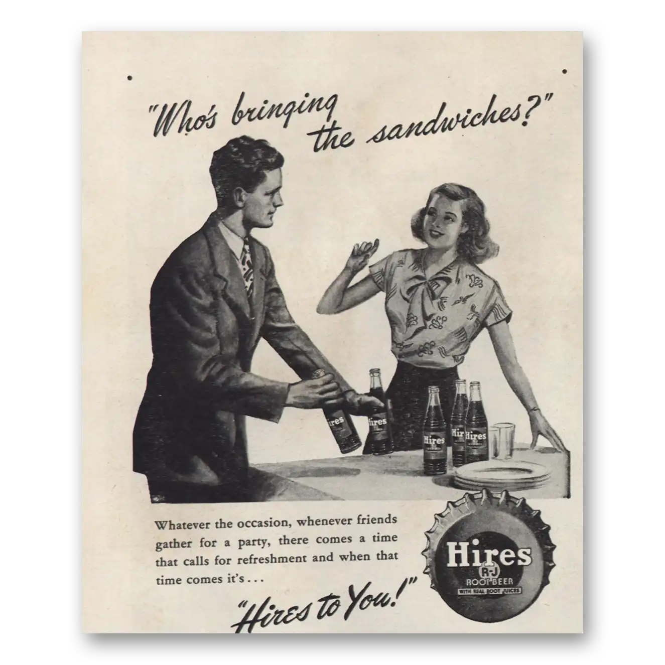 1946 Hires Root Beer Whos Bringing the Sandwiches Vintage Magazine Print Ad