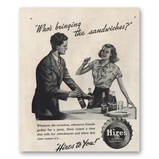 1946 Hires Root Beer Whos Bringing the Sandwiches Vintage Magazine Print Ad