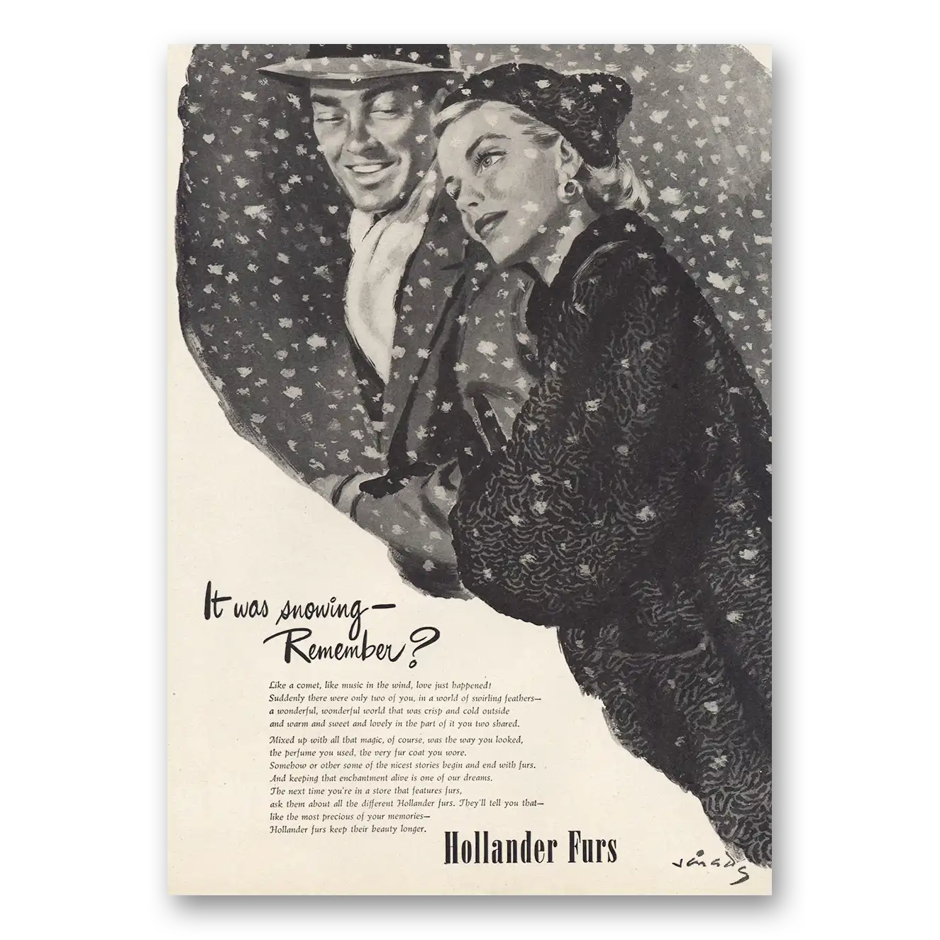 1946 Hollander Furs Was Snowing Remember Vintage Magazine Print Ad