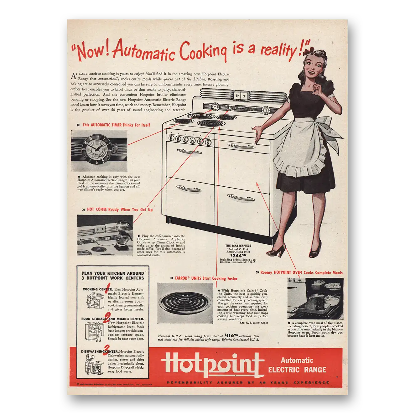 1946 Hotpoint Electric Range Automatic Cooking Is a Reality Vintage Magazine Print Ad