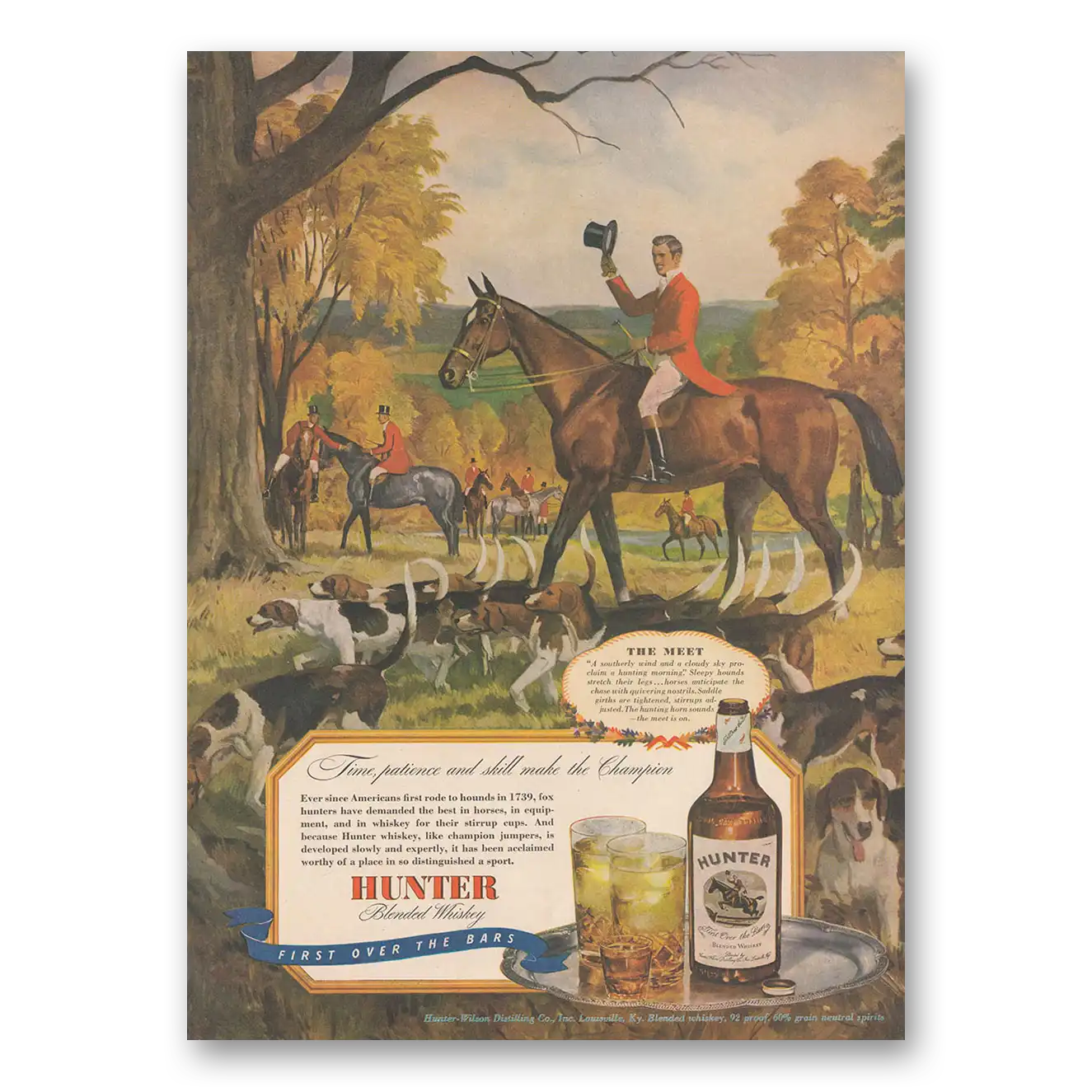 1946 Hunter Whiskey Meet Time Patience and Skill Vintage Magazine Print Ad