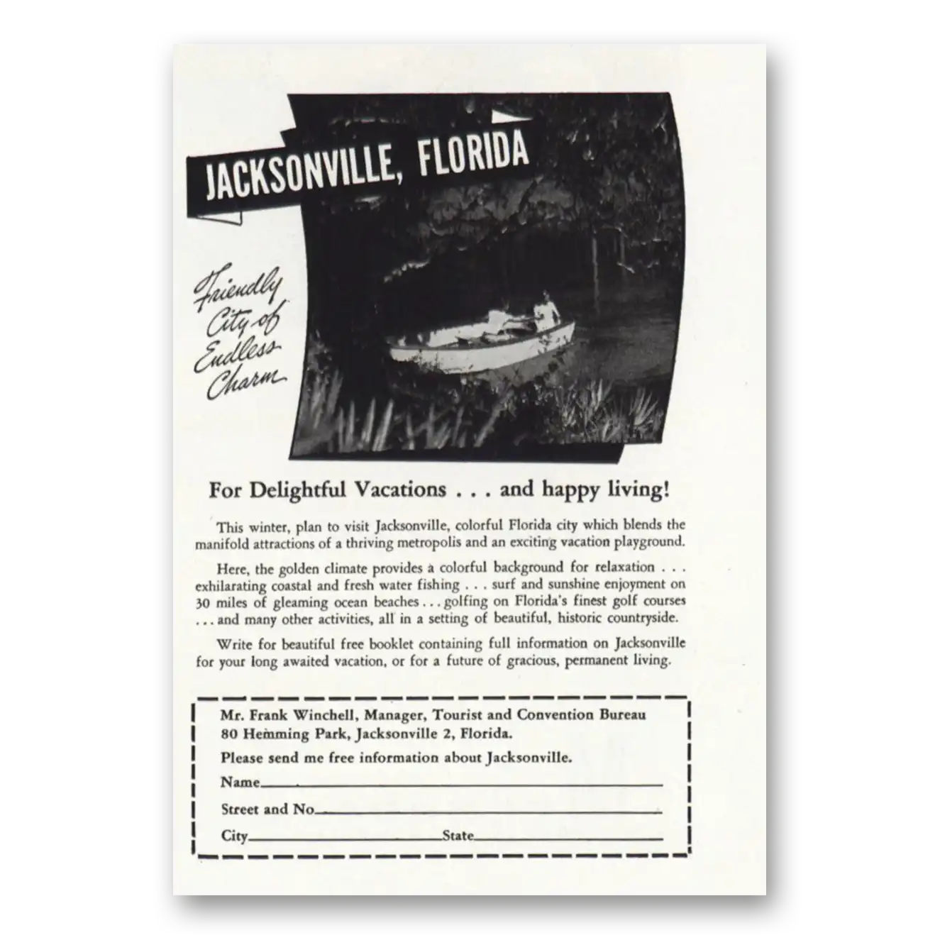 1946 Jacksonville Florida Friendly City Vintage Magazine Print Ad